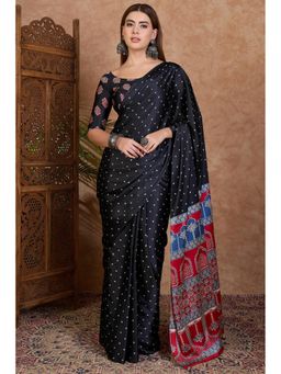 Mysilklove - Obsidian Black Ajrakh Printed Satin Crepe Silk Saree0.8-meter blouse piece