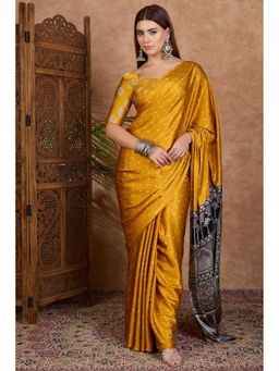 Mysilklove - Royal Yellow Ajrakh Printed Satin Crepe Silk Saree0.8-meter blouse piece
