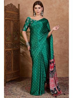 Mysilklove - Marrs Green Ajrakh Printed Satin Crepe Silk Saree0.8-meter blouse piece