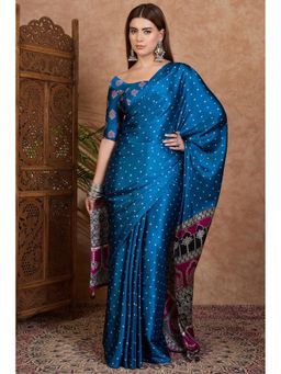 Mysilklove - Savoy Blue Ajrakh Printed Satin Crepe Silk Saree0.8-meter blouse piece