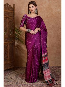 Mysilklove - Petunia Purple Ajrakh Printed Satin Crepe Silk Saree0.8-meter blouse piece