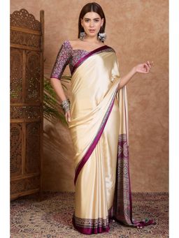 Mysilklove - Alabaster Cream and Purple Ajrakh Printed Satin Crepe Silk Saree0.8-meter blouse piece