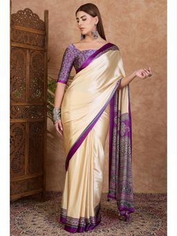 Mysilklove - Ivory Cream and Purple Ajrakh Printed Satin Crepe Silk Saree0.8-meter blouse piece