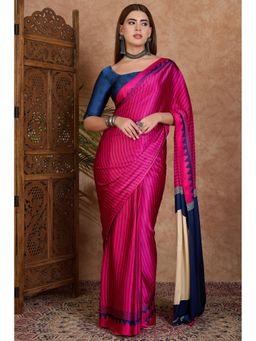 Mysilklove - Magenta Pink and Blue Stripe Ajrakh Printed Satin Crepe Silk Saree0.8-meter blouse piece