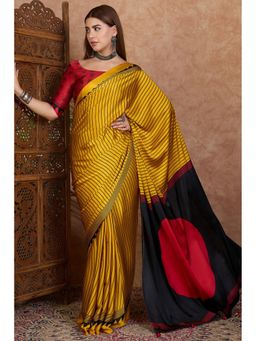 Mysilklove - Husk Yellow and Black Stripe Ajrakh Printed Satin Crepe Silk Saree0.8-meter blouse piece