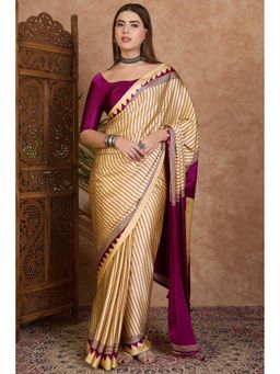 Mysilklove - Fawn Cream and Purple Stripe Ajrakh Printed Satin Crepe Silk Saree0.8-meter blouse piece