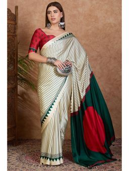 Mysilklove - Powder White and Green Stripe Ajrakh Printed Satin Crepe Silk Saree0.8-meter blouse piece