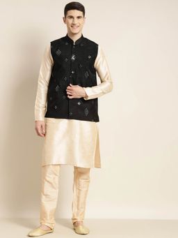 SOJANYA - Men Silk Blend Gold Kurta & Churidar Pyjama with Mirror Work Nehru Jacket (Set of 3)