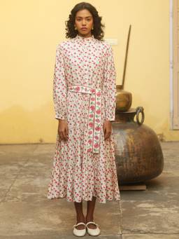 Naav - Women White Floral Print Tiered Midi Dress with Belt