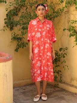 Naav - Women Coral Floral Print Oversized Shirt Dress