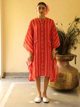 Naav - Women Red Striped Sheer Kaftan Dress