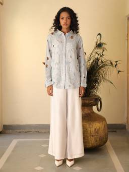 Naav - Women's Blue Floral Embroidered Shirt with Inner and Palazzo