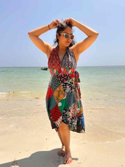 Sundarii - Coral Reef Patchwork Halter Wrap Midi Dress