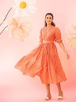 EKOHUM - Orange Printed Tiered Maxi Dress With A Belt