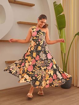 EKOHUM - Black Floral Printed Modal Off Shoulder Dress