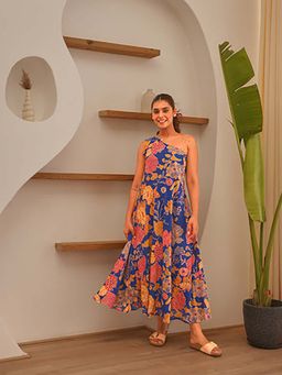 EKOHUM - Royal Blue Floral Printed Modal Off Shoulder Dress
