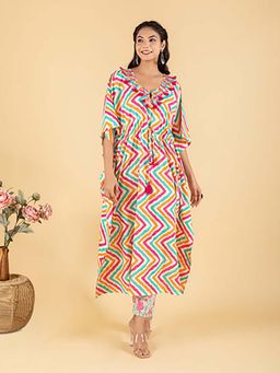 EKOHUM - Pink Stripes Print Kaftan With Floral Print Pant