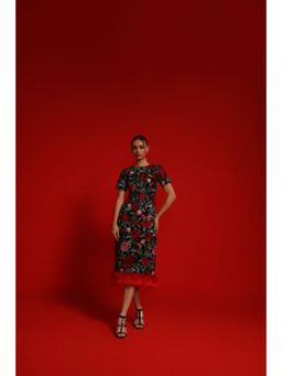 Label Iris - Black And Red Rose Feather Dress