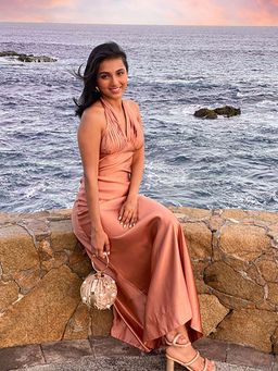 TheRealB - Gold V Neck Long Halter Dress