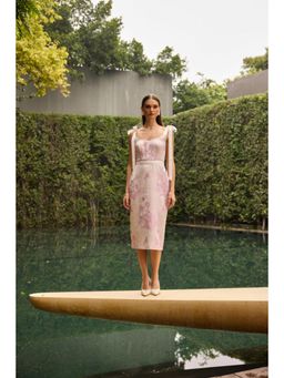 TheRealB - Blush Pink Jacquard Midi Dress With Bow Shoulder Straps