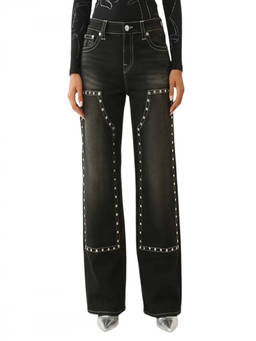 True Religion - Black Mid Rise Studded Baggy Jeans