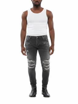 BALMAIN - Grey Skinny Distressed Jeans