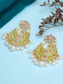 Karatcart - Gold Plated Light Green Meena Lotus Design Pearl Studded Chandbali Earrings for Women