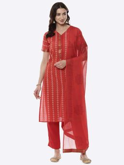 Biba - Red Cotton Unstitched Suit Set (Set of 3)