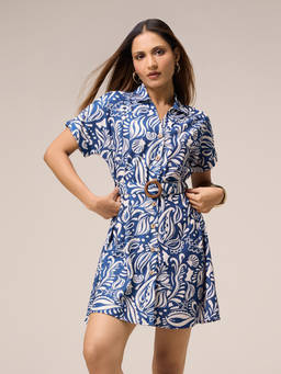 Twenty Dresses by Nykaa Fashion - Blue Paisley Collared Extended Sleeve Mini Dress with Belt