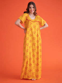 Clovia - Cotton Leaf Print Long Night Dress - Yellow