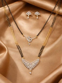 Digital Dress Room - Gold Plated AD Long and Short Mangalsutra with Black Beads and Earrings