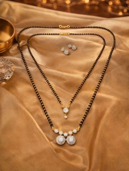 Digital Dress Room - Gold Plated Long and Short Mangalsutra Black Beads AD Pendant