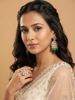 PAYA - MOONLIT WHISPERS - Green Stone and Kundan Chandelier Earrings with Ring