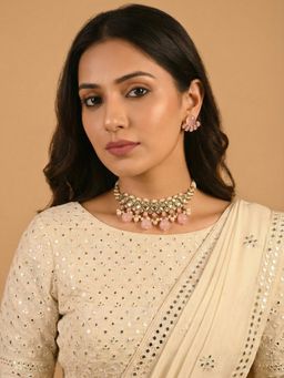 PAYA - GUL NAAZ - Rose Quartz Kundan and Pearl Choker Necklace Set