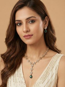 PAYA - VELVET TRAIL - Kundan and Crystal Drop Necklace Set - Green