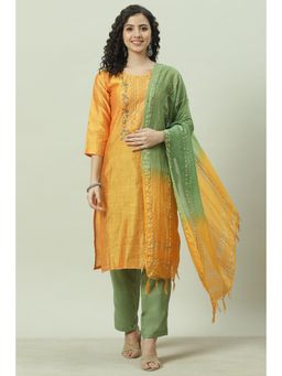 Biba - Yellow Silk Unstitched Suit (Set of 3)