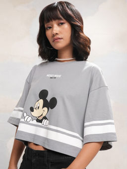 TOKYO TALKIES - Women Grey Mickey Mouse Boxy Crop T-Shirt