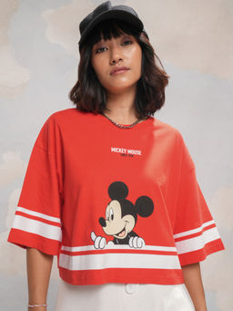 TOKYO TALKIES - Women Red Mickey Mouse Boxy Crop T-Shirt