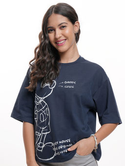 TOKYO TALKIES - Women Navy Blue Disney Mickey Mouse Oversized Cotton T-Shirt