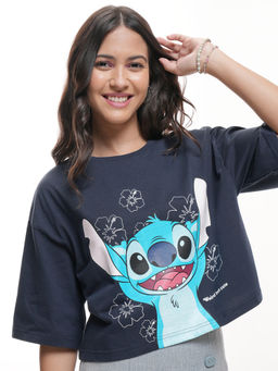 TOKYO TALKIES - Women Navy Blue Disney Stitch Boxy Fit Cotton T-Shirt