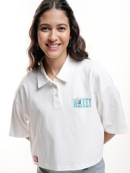 TOKYO TALKIES - Women White Disney Mickey Mouse Boxy Cotton Polo T-Shirt
