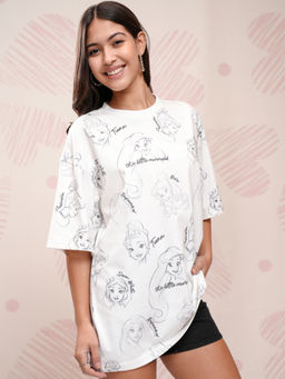 TOKYO TALKIES - Women White Graphic Round Neck Oversized Disney Princess T-Shirt