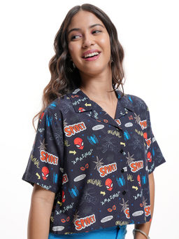 TOKYO TALKIES - Women Navy Blue Mui Spiderman Aop Boxy Fit Shirt