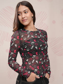 TOKYO TALKIES - Women Black Printed Long Sleeve Mesh Top