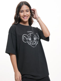 TOKYO TALKIES - Women Black Disney Simba Lion King Oversized Cotton T-Shirt
