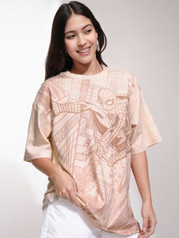 TOKYO TALKIES - Women Beige Printed Round Neck Oversized Spider Man T-Shirt
