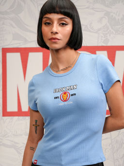 TOKYO TALKIES - Women Blue Round Neck Cotton Iron Man Embroidered T-Shirt