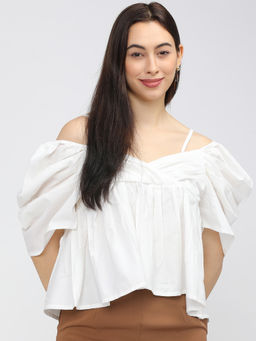 TOKYO TALKIES - Women White Solid Shoulder Straps Pure Cotton Top