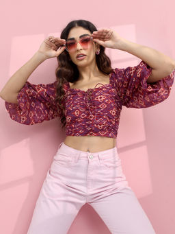 TOKYO TALKIES - Women Pink Conversational Printed Sweetheart Neck Crop Top