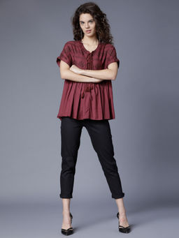 TOKYO TALKIES - Women Maroon Printed Round Peplum Top